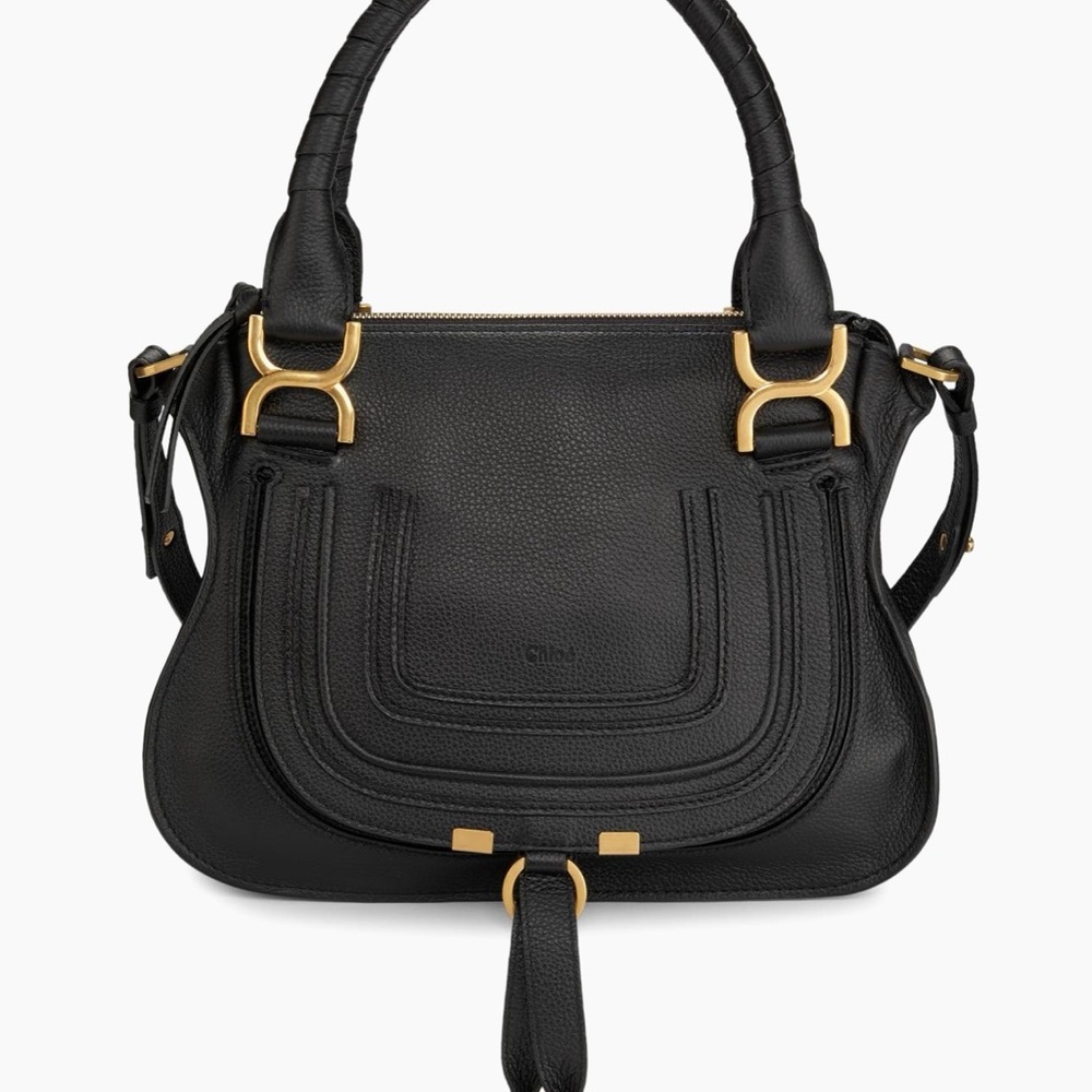 Chloe Small Marcie Leather Satchel Black Crossbody Bag with Gold Accents - Picture 3 of 16